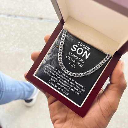 To Our Son Love, Mom & Dad (Stand Tall Even If You Fall) Cuban Link Chain
