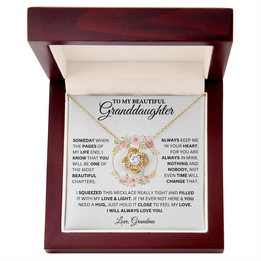To My Beautiful Granddaughter Love, Grandma ( Someday When The Pages Of My Life End) Love Knot Necklace