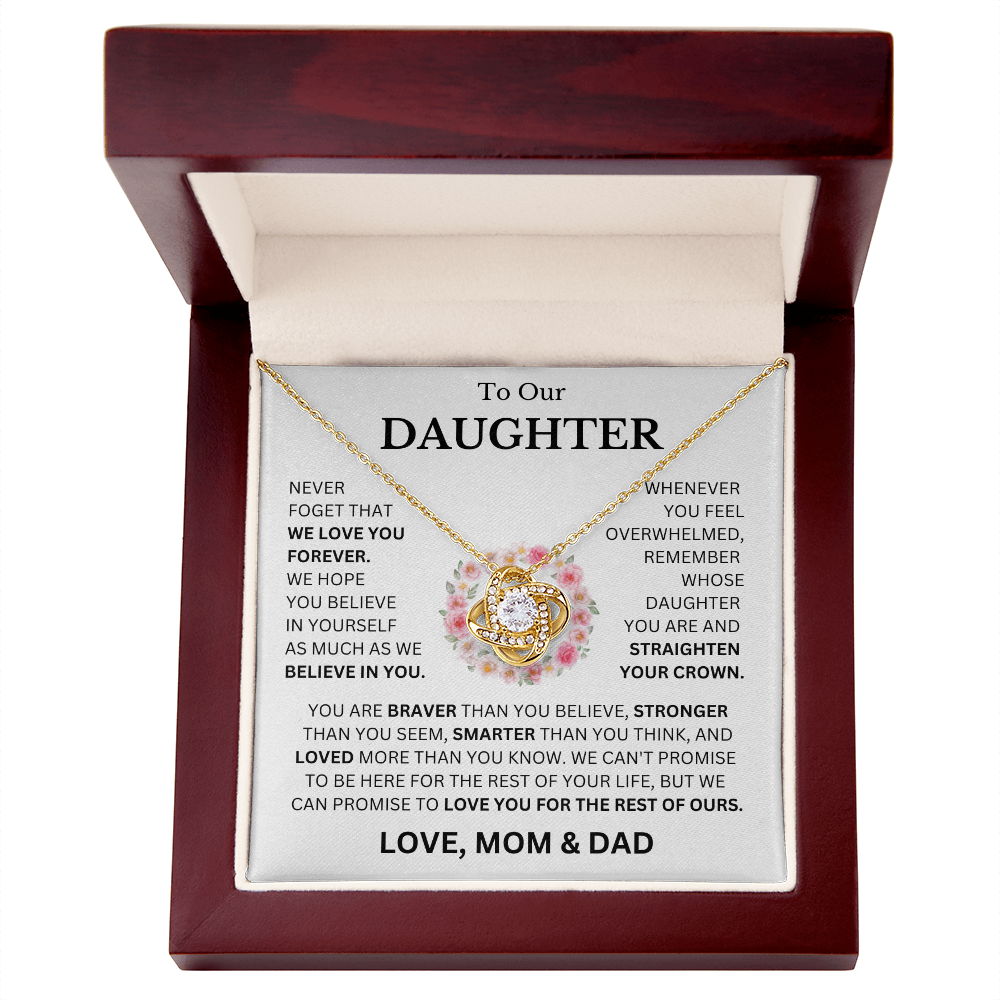 To Our Daughter Love, Mom & Dad (Never Forget That We Love You Forever) Love Knot Necklace