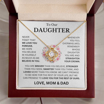 To Our Daughter Love, Mom & Dad (Never Forget That We Love You Forever) Love Knot Necklace