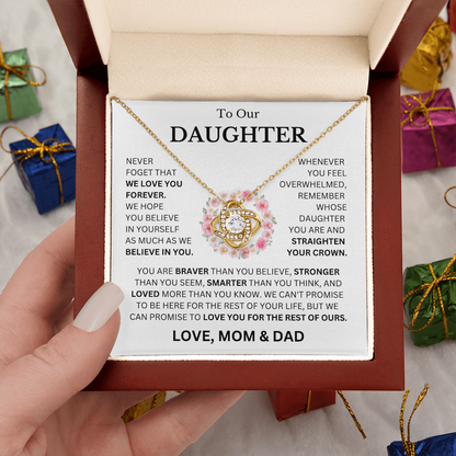 To Our Daughter Love, Mom & Dad (Never Forget That We Love You Forever) Love Knot Necklace