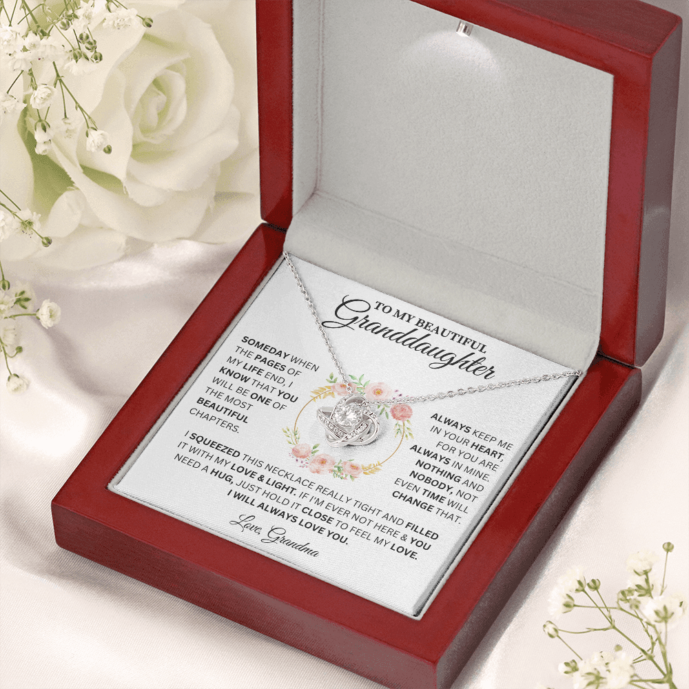 To My Beautiful Granddaughter Love, Grandma ( Someday When The Pages Of My Life End) Love Knot Necklace