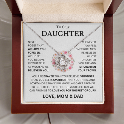 To Our Daughter Love, Mom & Dad (Never Forget That We Love You Forever) Love Knot Necklace