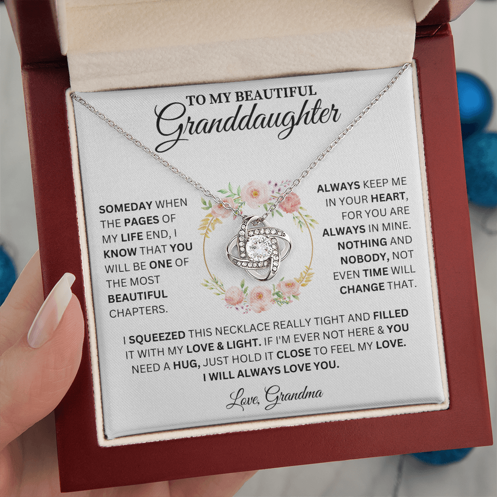 To My Beautiful Granddaughter Love, Grandma ( Someday When The Pages Of My Life End) Love Knot Necklace