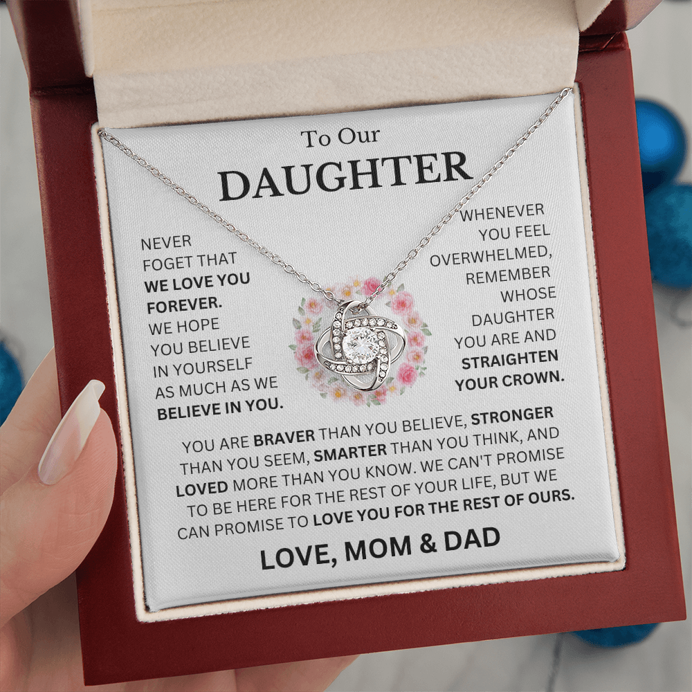 To Our Daughter Love, Mom & Dad (Never Forget That We Love You Forever) Love Knot Necklace