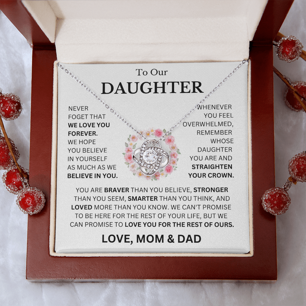 To Our Daughter Love, Mom & Dad (Never Forget That We Love You Forever) Love Knot Necklace