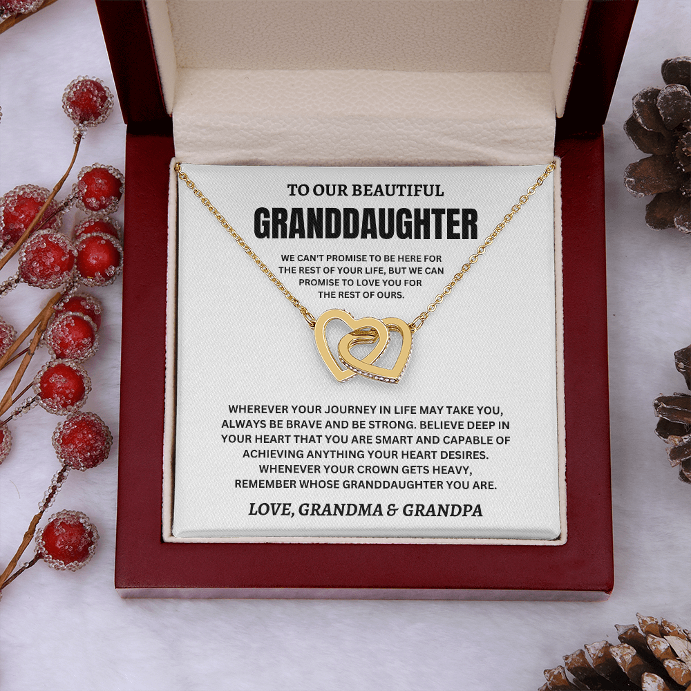 To Our Beautiful Granddaughter Love, Grandma & Grandpa (We Can't Promise To Be Here For The Rest Of Your Life) Interlocking Hearts Necklace