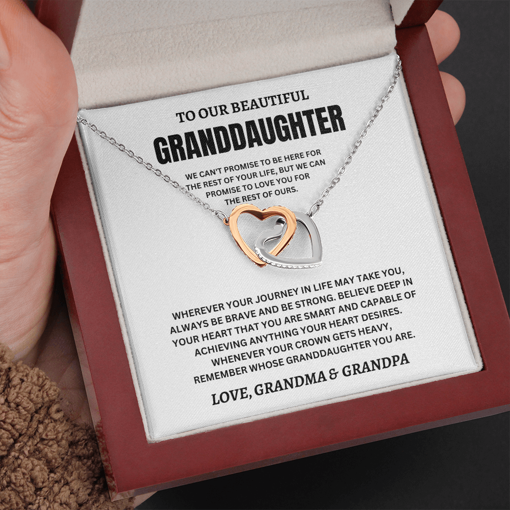 To Our Beautiful Granddaughter Love, Grandma & Grandpa (We Can't Promise To Be Here For The Rest Of Your Life) Interlocking Hearts Necklace